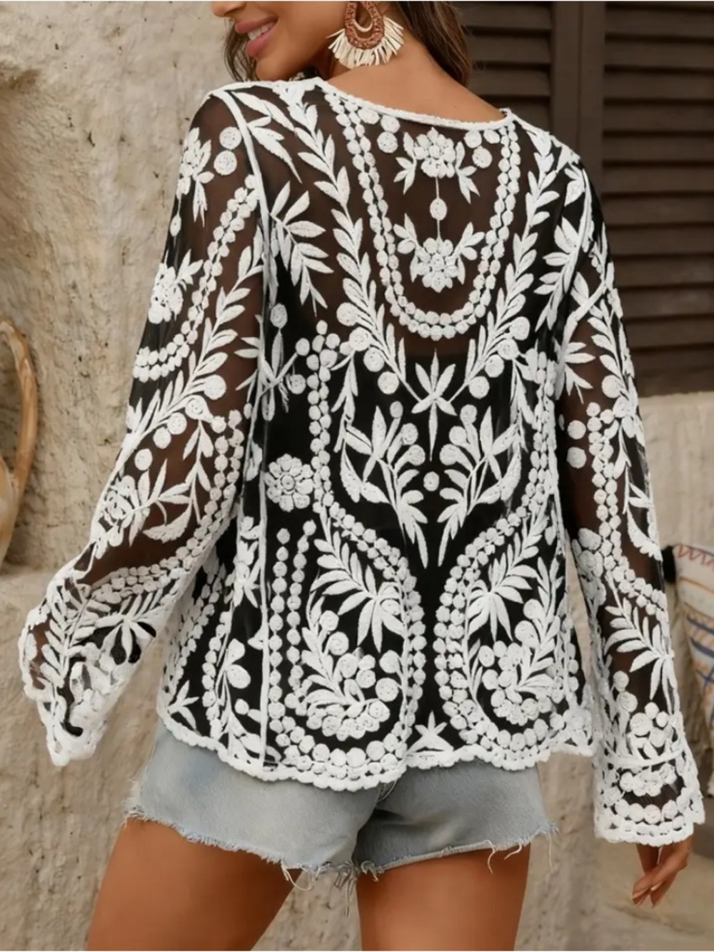 BOHO Sheer Black Blouse with White Floral Embroidery Scoop Neck Scallop Hems - Picture 2 of 7